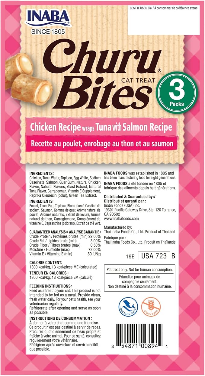 INABA Churu Bites for Cats, Soft Baked Chicken Churu Filled Cat Treats with Green Tea Extract, 0.35 Ounces Each Tube, 9 Tubes Total, Tuna with Salmon Recipe