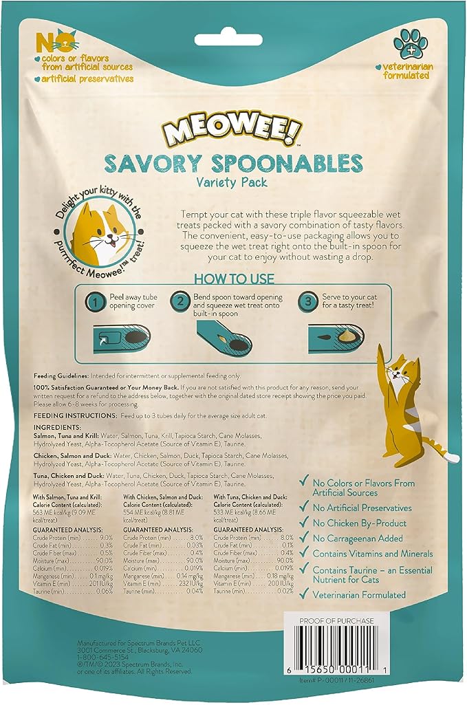 Savory Spoonables Variety Pack, 12 Count Tube, Triple Flavor Squeezable Lickable Wet Treats for Cats with Built-in Spoon for Less Mess