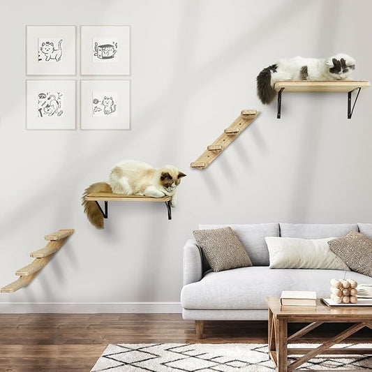 Cat Wall Furniture Set, 2PCS Cat Shelves & 2PCS 4 Steps Cat Wall Shelves Stairs Tower Cat Climbing Shelves Scratching Perches for Climbing Sleeping, Playing