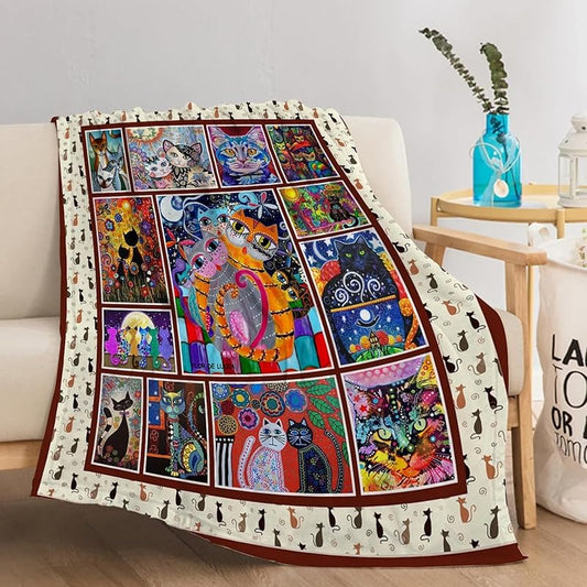 Throw Blanket - Colorful Cat Design Boho Blanket, Ultra Soft Rustic Quilt For Sofa, Couch, Bed, Bath Towels - Lightweight Bohemian Blankets - Cute Decorative Throw Coverlet (59x71 inch)