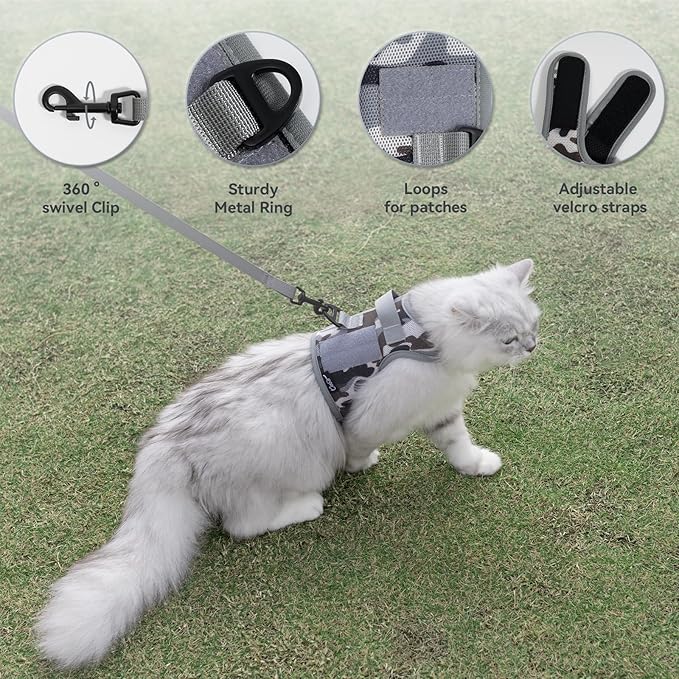 Tactical Cat Harness and Leash for Walking Escape Proof Breathable Mesh Fabric, City Camo, Medium, Adjustable Cat Walking Jackets, Padded Stylish Cat Vest