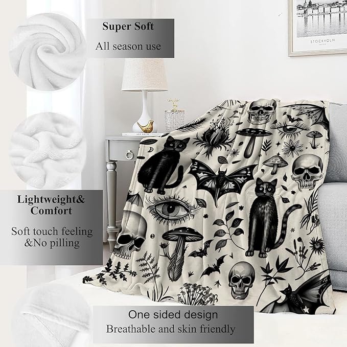 Spooky Goth Blanket Gothic Black Cats, Skulls, and Bats Throw Blankets Gifts for Girls Boys Adults Lightweight Soft Fleece Cozy for Sofa Couch Bed Room Travel Birthday Halloween Decor 60x80in