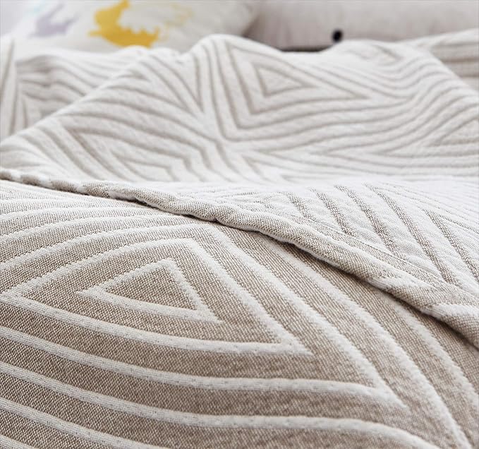 MEJU Grey Checks Striped Triange Muslin Reversible Summer Blanket for Bed Sofa Couch 100% Combed Cotton 3 Layer Soft Warm Bedspread Throw Blanket Bed Coverlet Sheet Full Queen 80 in X 90 in
