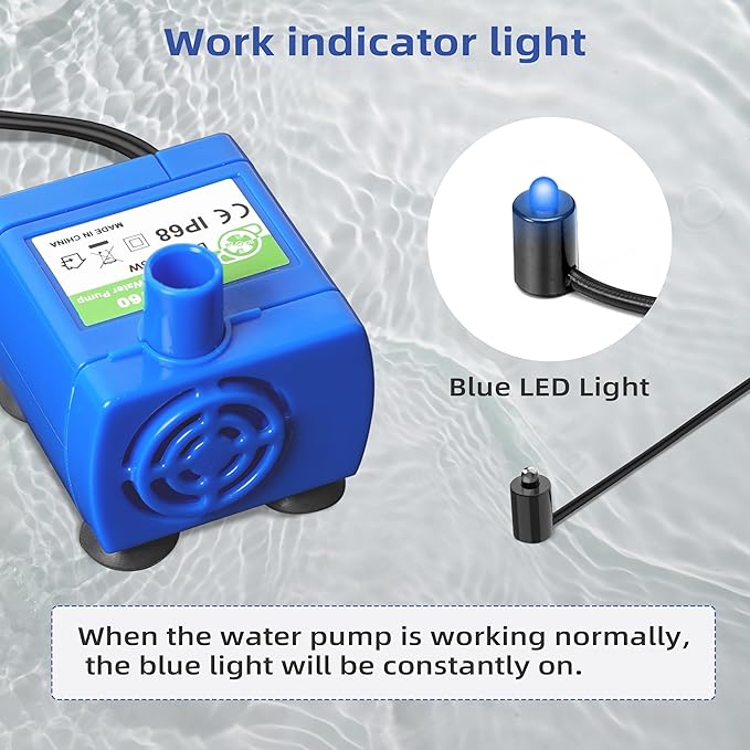 IP68 DR-DC160 submersible water pump Cat Water Fountain Pump for Tritone Ceramic, Stainless Steel, Round Flower Cap Cat Fountains, Automatic Pet Water Dispenser Replacement Pump (With LED & Brush)