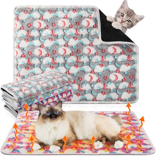 4 Pack Self Heating Cat Bed Cat Self Warming Pad with Removable Cover Extra Warm Thermal Pet Pad Washable Pet Crate Mat Anti Slip Kennel Pad for Indoor Outdoor Pets(Stars Moon,16 x 20 Inches)