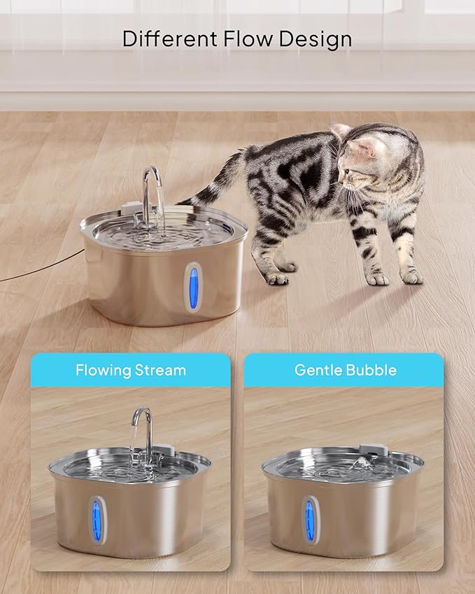 Cat Water Fountain - 3.2L/108oz Stainless Steel Pet Water Drinking Fountain for Cats Indoor, Dog Water Fountain with Water Level Window and 6 Filters + 6 Sponges