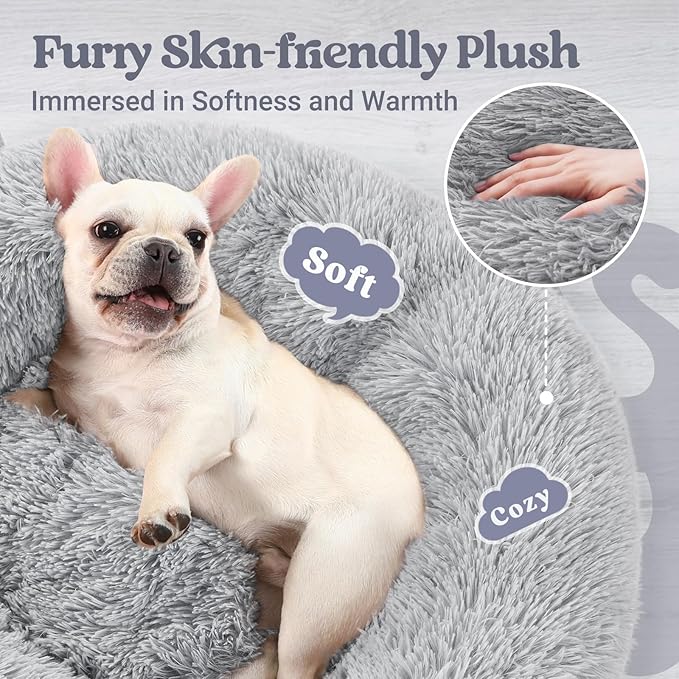 rabbitgoo Dog Bed for Small Dogs, 24 inches Washable Small Dog Bed, Fluffy Donut Dog Bed Anti-Slip, Calming Soft Plush Round Pet Bed for Dogs, Fits up to 18 lbs Pets, Light Grey