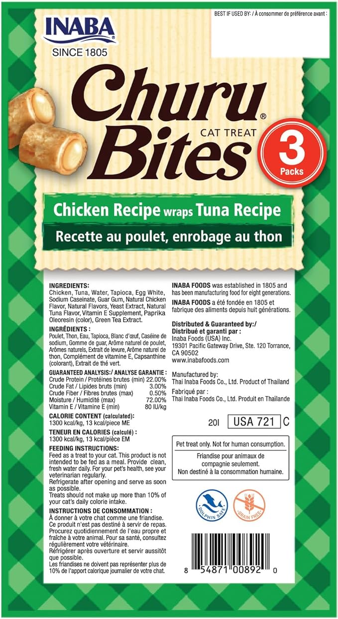 INABA Churu Bites for Cats, Soft Baked Chicken Churu Filled Cat Treats with Green Tea Extract, 0.35 Ounces Each Tube, 18 Tubes Total (3 per Pack), Tuna Recipe