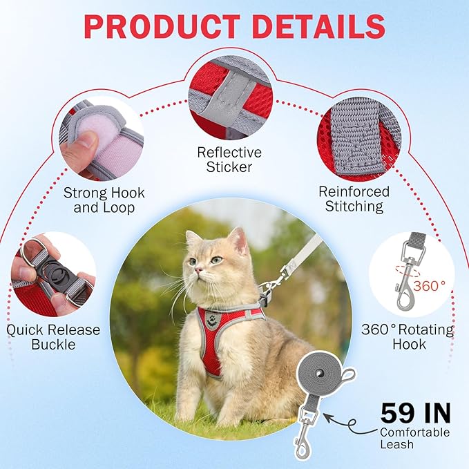 SCENEREAL Cat Harness and Leash Set Escape Proof, Adjustable Soft Air Mesh Kitten Harnesses for Girls Boys Small Medium Big Cats, Reflective Light Travel Pet Walking Vest for Puppy Rabbit, Red M