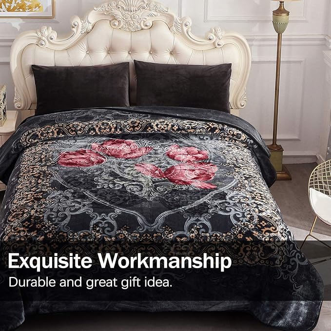 JML Fleece Blanket King Size, Heavy Korean Mink, 85 X 95 Inches, 9 Lbs, Soft and Warm, Thick Raschel Printed Mink for Autumn, Winter, Bed, Home, Gifts, Grey Flower