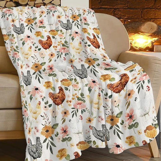 Chicken Floral Blanket Rooster Hen Printed Decor Throw Blanket Warm Soft Plush Lightweight Fleece Flannel Winter Blanket Farm Gifts for Girls Women Farmer Lover Boys Baby Kids Couch Bedding 50"X60"