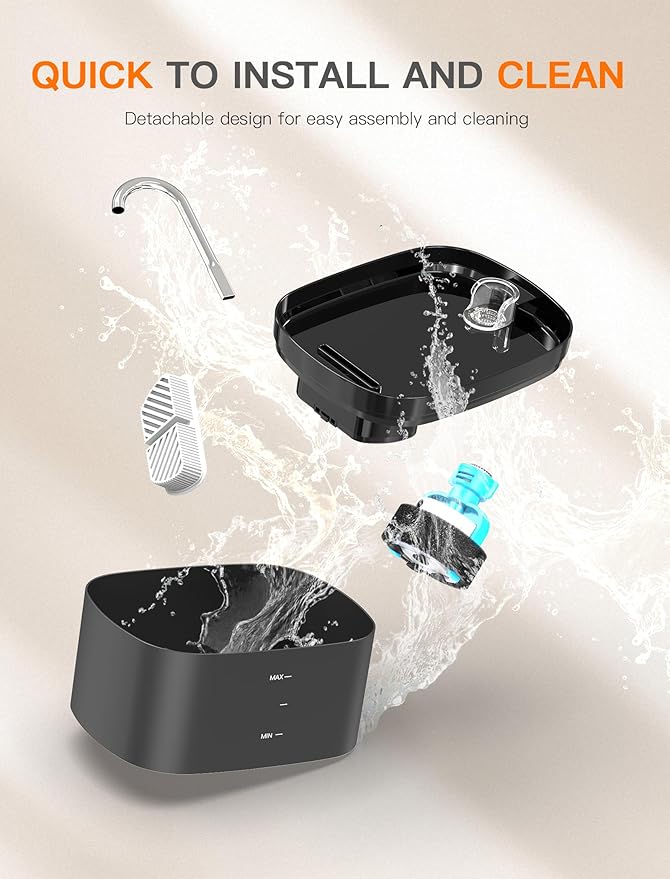 Cat Water Fountain, 84OZ/2.5L Cat Fountain, Super Silent Pet Water Fountain, Activated Carbon Filter, Translucent Pet Water Dispenser Suitable for Multiple Pets Family (Black+4Filters+4Sponges)