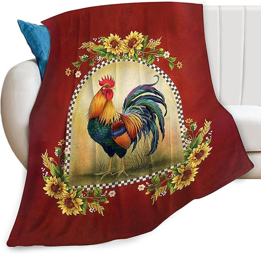 Rooster Blanket Chicken Sunflower Farm Country Animal Red Print Throw Blankets for Couch Sofa Bed Stuff Decor Soft Cozy Fleece Plush Flannel Bedding Gifts for Baby Kids Adults Lover Men Women 40"x50"