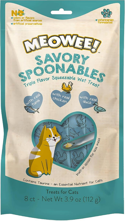 Savory Spoonables with Real Tuna, Chicken & Duck, 8 Count Tube, Triple Flavor Squeezable Lickable Wet Treats for Cats with Built-in Spoon for Less Mess