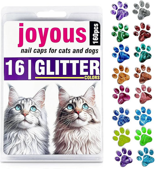 16x Glitter Colors / 160 pcs | Cat Nail Caps | Cat Claw Covers with Adhesives and Applicators (S)