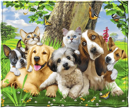 Dawhud Direct Selfie Kitten and Puppy Fleece Blanket - Queen Size Super Soft Plush Cat and Dog Throw Blanket, Cat and Dog Bed Blanket - 50" x 60"