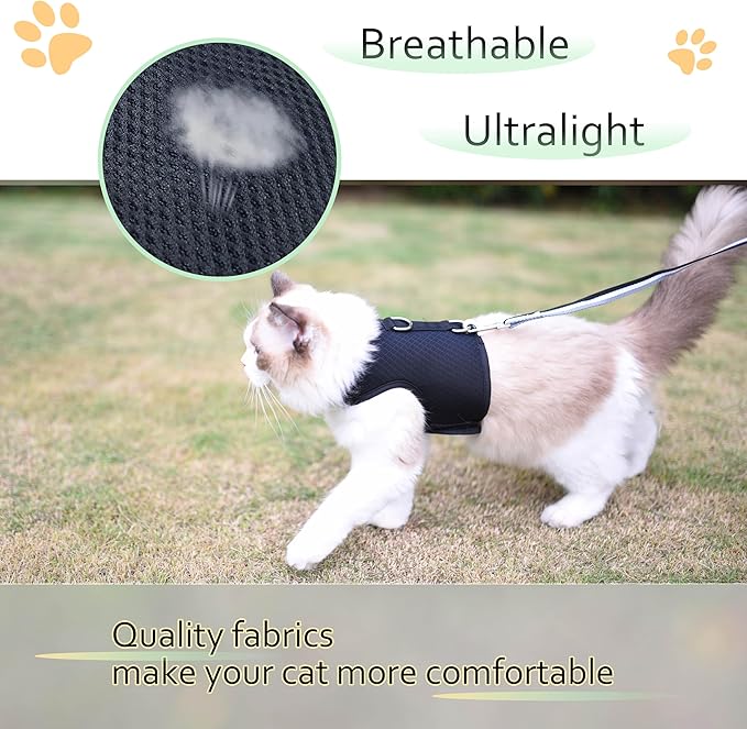 Kitty Harness and Leash for Walking Escape Proof Breathable Mesh Fabric, Solid Black, Small, Adjustable Cat Walking Jackets, Padded Stylish Cat Vest