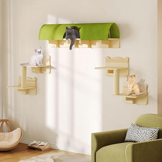 DWVO Solid Wood Cat Wall Shelves and Perches for Wall, Pine Wooden Wall Mounted Cat Furniture, Set of 7 Cat Climbing Shelves with Wall Steps, Scratching Post and Cat Tunnel