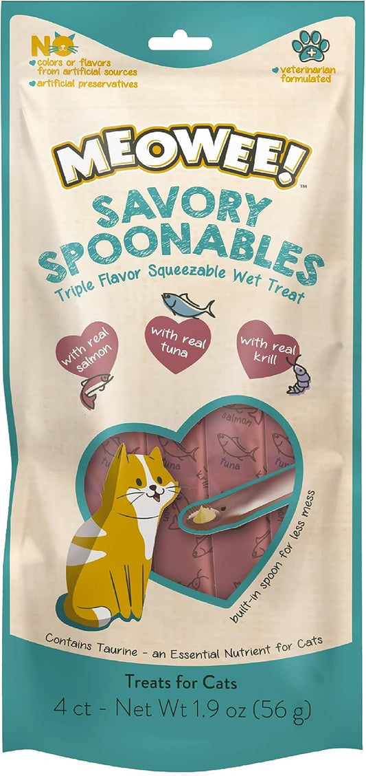 Savory Spoonables with Real Salmon, Tuna and Krill for Cats, 4 Count, Treat Your Cat to Triple Flavor Squeezable Lickable Wet Treats with Built-in Spoon for Less Mess