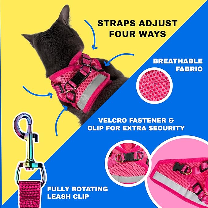 Travel Cat The Purrfectly Pink Harness & Leash Set - Adjustable Fit Mesh Cat Harness with Reflective Strap - Escape-Proof Harness for Cats, Kittens for Outdoor Walking, Hiking (Medium)