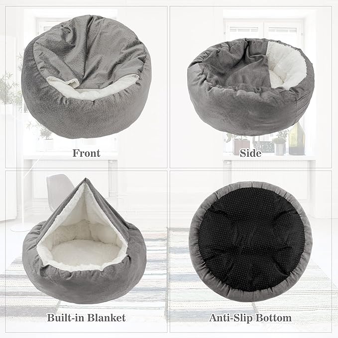 Dog Bed Warm with Hooded Blanket, Anti-Anxiety Puppy Pet Bed Cave Super Soft, Non-Slip Bottom, Machine Washable, Cozy Donut Indoor Pet Beds Fluffy for Dogs and Cats, Fits up to 22 lbs, 19.7 inch Grey