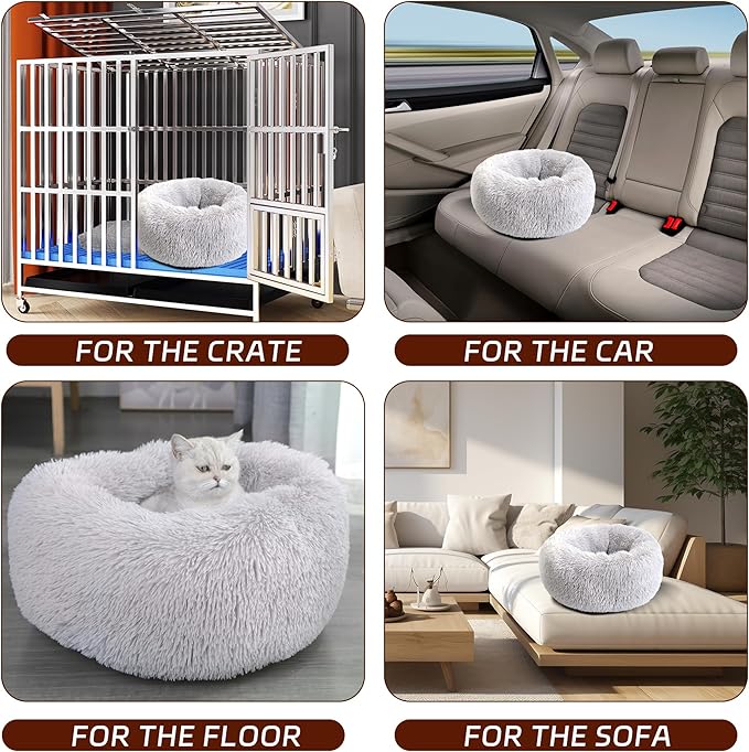 Calming Dog Bed for Cats and Small Dogs, Donut Washable Small Cat Bed for Indoor Cats and Dogs, Anti-Slip Round Fluffy Plush Faux Fur Pet Bed for Small Cats and Dogs (Grey, 15.7'')