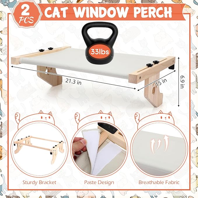 Pinkunn 2 Set Cat Window Sill Perch Adjustable Wood Small Cat Window Hammock Window Seat Cat Bed Windowsill Cat Shelf Indoor Kitty Cat Window Ledge Seat for Bedside Cabinet, Heavy Duty 33 Lbs (Gray)