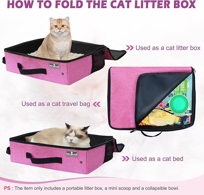 HiCaptain Portable Cat Travel Litter Box with Lid, Collapsible Travel Litter Box for Medium and Large Cats, Leak Proof, Foldable Standard Litter Carrier Box for Traveling - Pink