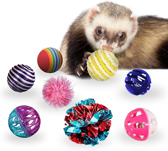 SunGrow Mix Balls for Ferrets, Multi-Sensory Fun Activity Set, Mind and Body Exercise, Teeth Care, Pet Enrichment, Assorted Foam, Jingle, Crinkle, Sisal, Coil, Pompom Balls, 30 Pcs