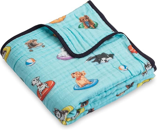 LollyBanks Muslin Baby Blanket 100% Cotton, Muslin Quilt Lightweight, 6 Layers Baby Blankets 47"x 47", Toddler Blanket for Boy and Girl, Nursery Receiving Blankets(Swimming Dogs Print)