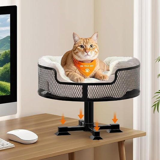16" Cat Desk Bed, Heavy Duty Metal Desk Cat Bed with Removable Blanket, Cat Bed for Desk with Non-Slip Rubber Feet to Protect Desktop, Cat Bed Desk Up to 45LBs, Suitable for Small and Medium Cats/Dogs