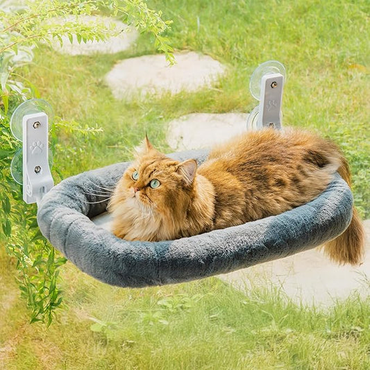 Mewoo Cat Window Perch, Cordless Cat Window Hammock with 4 Strong Suction Cups, Embeded Cat Hammock for Window, Steel Frame and Removable Soft Cover (Dark Grey, Medium)