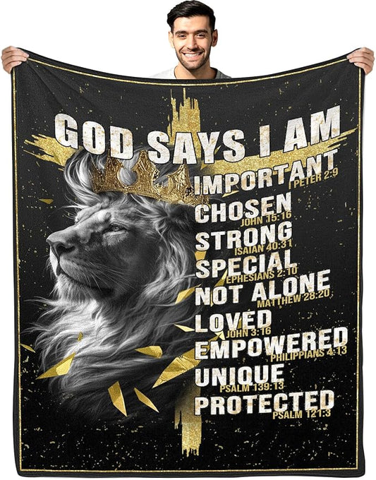 Christian Gifts for Men, God Says i Am Lion Blanket 50"x60", Inspirational Religious Birthday Gifts for Lion and cross Blanket, Christian Faith Jesus God Prayer Bible Verse Gift for Christmas