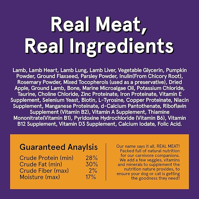 Real Meat Air Dried Dog Food w/Real Lamb - 5oz Bag of USA-Crafted Grain-Free Real Meat Dog Food Sourced from Hormone-Free, Free-Range, Grass-Fed Lamb - Digestible, All Natural, High Protein Lamb