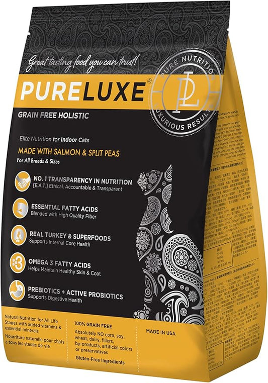 PURELUXE Grain and Gluten Free Cat Food, Indoor Cat Elite Nutrition, Salmon and Split Peas, for All Life Stages and Breeds, Made in The USA, 3.3lbs