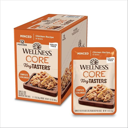 Wellness CORE Tiny Tasters Wet Cat Food, Complete & Balanced Natural Pet Food, Made with Real Meat, 1.75-Ounce Pouch, 12 Pack (Adult Cat, Minced Chicken in Gravy)