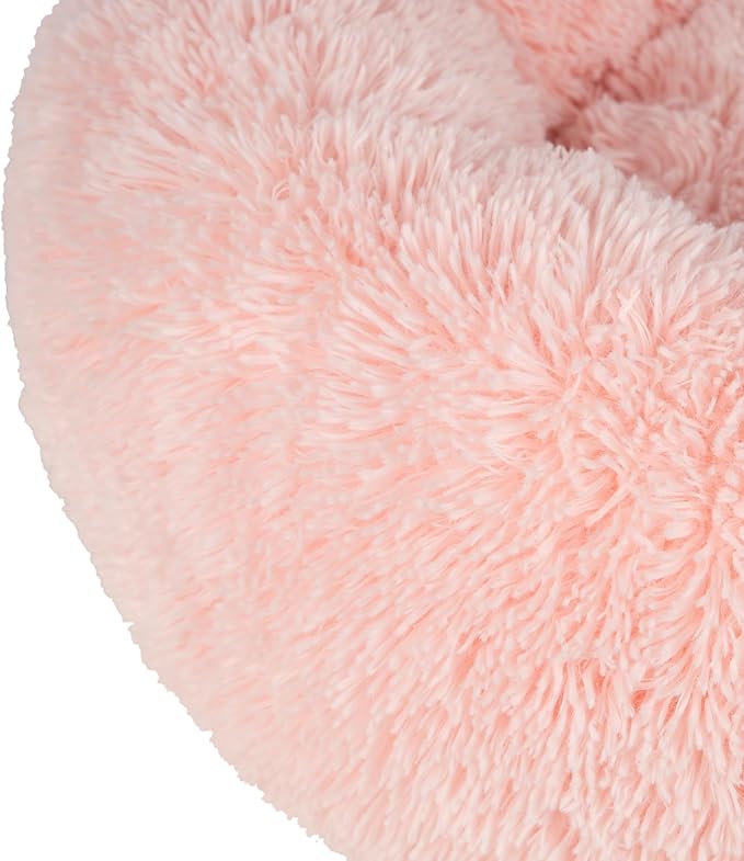 Best Pet Supplies Round Donut Dog Bed with Plush Faux Fur Fabric, Calming, Anti-Anxiety Cushion for Indoor Pets, Slip-Resistant Base, Soft Ergonomic Support - Pink, 24x24x7''
