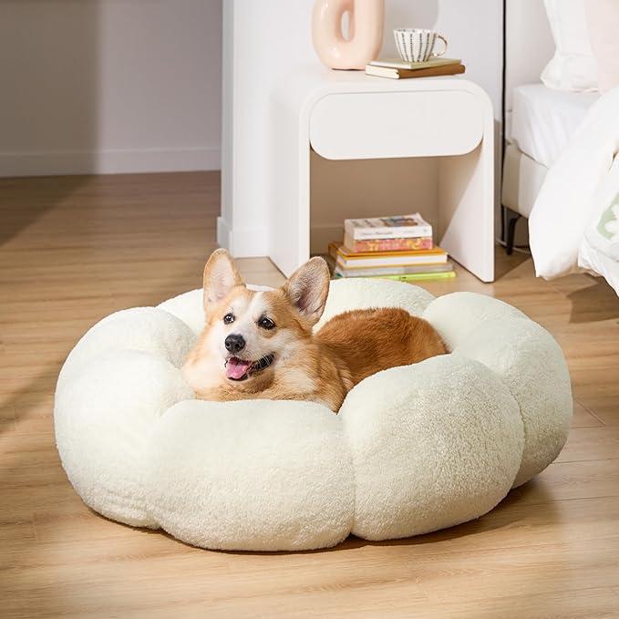 Lesure Calming Large Dog Bed - Flower Donut Round Fluffy Puppy Bed in Plush Teddy Sherpa, Non-Slip Cute Flower Dog Beds, Large Pet Bed Fits up to 100 lbs, Machine Washable, Cream 36"