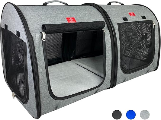 Portable 2-in-1 Double Pet Kennel/Shelter, Fabric, Black/Royal Blue 20"x20"x39" - Car Seat-Belt Fixture Included (Gray)