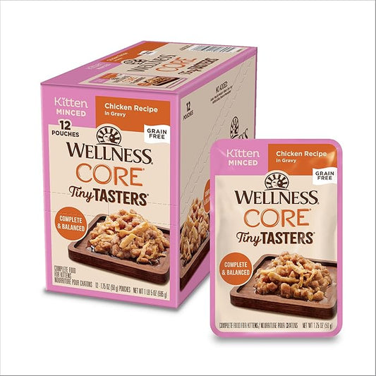 Wellness CORE Tiny Tasters Gravy Kitten Wet Cat Food, Natural, Protein-Rich, Grain Free, 1.75-Ounce Pouch, 12 Pack, (Minced Chicken)