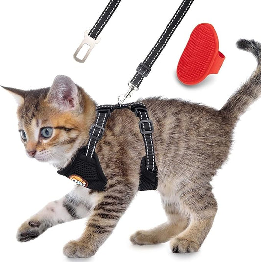 Reflective Kitten Harness and Leash Escape Proof with Car Seat Belt, Adjustable Cat Puppy Walking Jacket with Metal Leash Ring