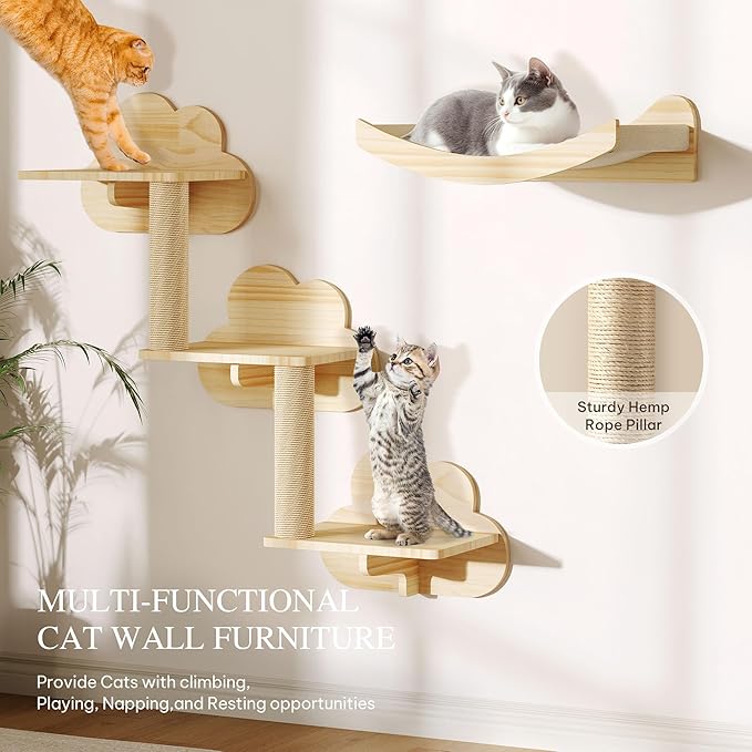 DWVO Cat Wall Shelves and Perches for Wall, Solid Wood Wall Mounted Cat Furniture, Set of 13 Cat Climbing Shelves with Moon Cat Wall House, Cat Wall Steps, Scratching Post, Hammock, Cat Tunnel