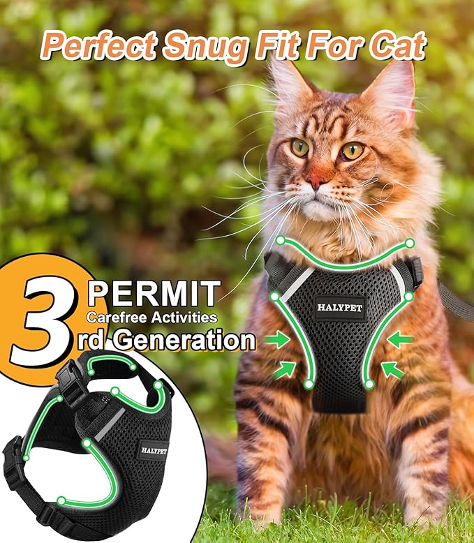 Halypet Cat Harness and Leash Set [ MAX Safety Third Generation ] Escape Proof Soft Adjustable Cat Leash Breathable Comfortable Vest Easy to Wear Kitten Harness for Outdoor Walking