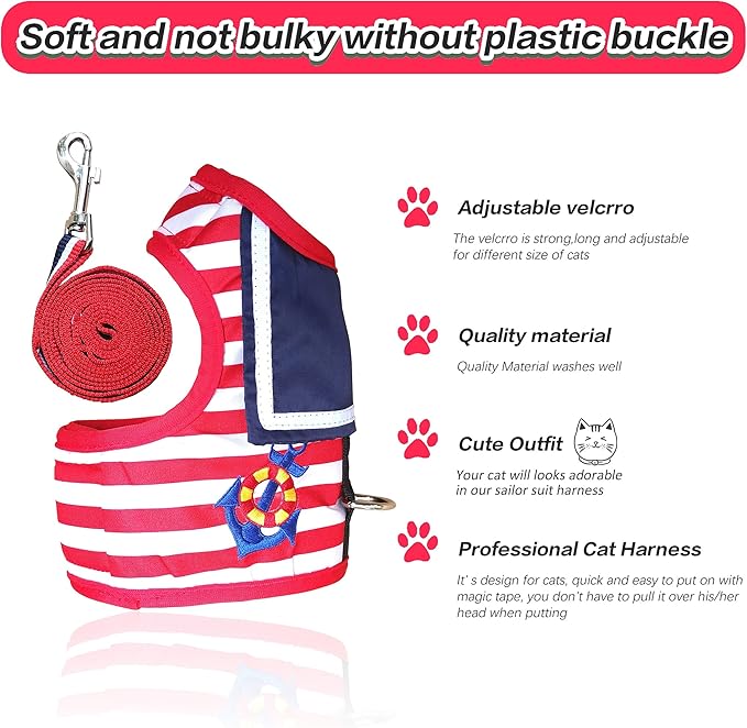 Cat Harness and Leash for Walking Escape Proof, Adjustable Cat Vest Harness, Padded Stylish Cat Walking Jackets, Sailor Suit Red, Small