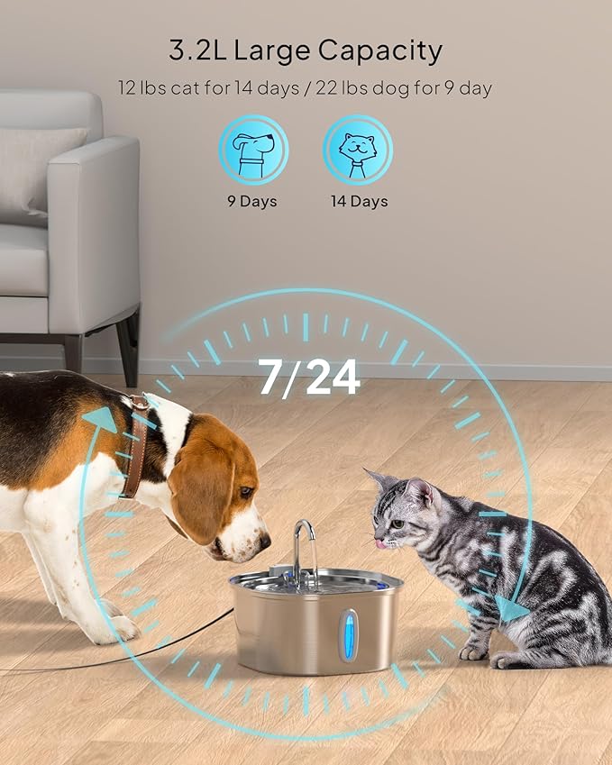 Cat Water Fountain - 3.2L/108oz Stainless Steel Pet Water Drinking Fountain for Cats Indoor, Dog Water Fountain with Water Level Window and 6 Filters + 6 Sponges