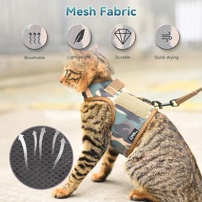 Tactical Cat Harness and Leash for Walking Escape Proof Breathable Mesh Fabric, Jungle Camo, Medium, Adjustable Cat Walking Jackets, Padded Stylish Cat Vest