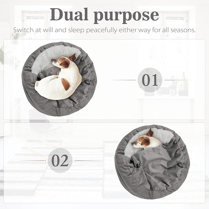 Dog Bed Warm with Hooded Blanket, Anti-Anxiety Puppy Pet Bed Cave Super Soft, Non-Slip Bottom, Machine Washable, Cozy Donut Indoor Pet Beds Fluffy for Dogs and Cats, Fits up to 22 lbs, 19.7 inch Grey