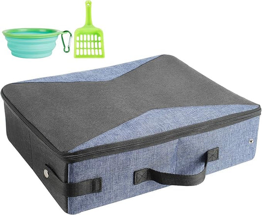 HiCaptain Portable Travel Litter Box, Foldable Cat Litter Box with Lid and Handle Standard Lightweight Collapsible Litter Carrier for Cat Travel(M,Black/Blue)