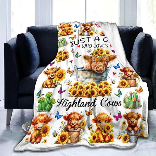 Highland Cow Gifts Sunflower Highland Cow Print Blanket Throw Plush Stuff Cute Animal Butterfly Gifts for Girls Kids Women Adults Highland Cow Lovers Birthday Decorations 60"X50"