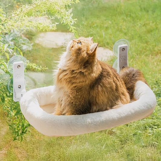 Mewoo Cat Window Perch, Cordless Cat Window Hammock with 4 Strong Suction Cups, Embeded Cat Hammock for Window, Steel Frame and Removable Soft Cover (Off White, Medium)